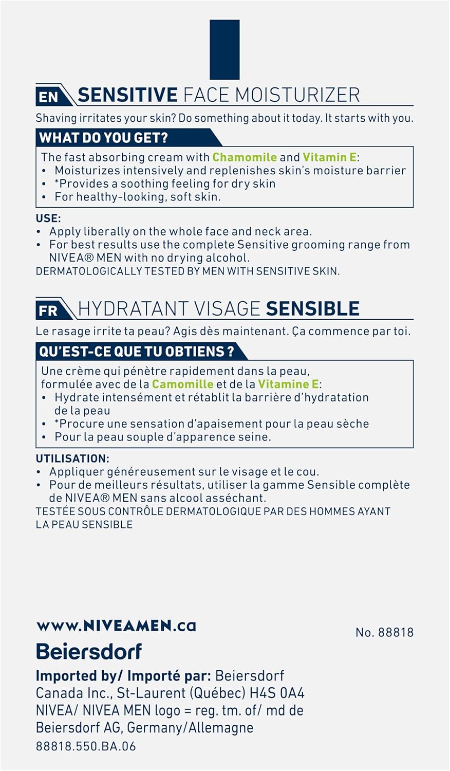 NIVEA MEN Sensitive Face Moisturizer, Men's Face Cream with Chamomile and Vitamin E, No Drying Alcohol, Dermatologically-Tested Skin Care, 75mL