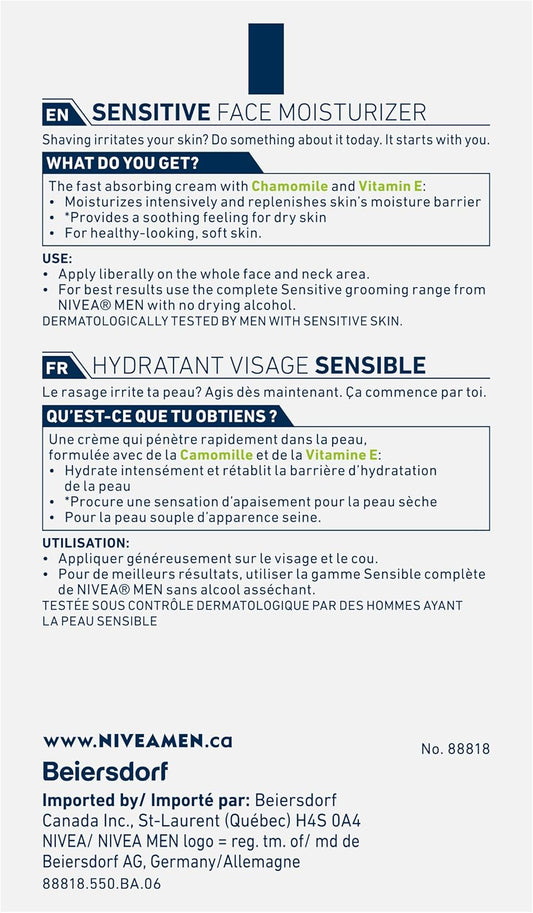 NIVEA MEN Sensitive Face Moisturizer, Men's Face Cream with Chamomile and Vitamin E, No Drying Alcohol, Dermatologically-Tested Skin Care, 75mL