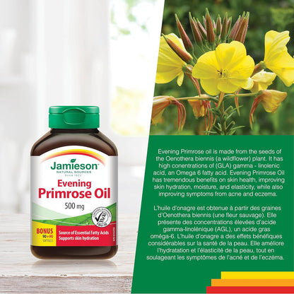 Jamieson Evening Primrose Oil 500 mg with Vitamin E, Omega-6, Supports Skin Hydration, Skin Smoothness, Reduces Acne Symptoms, and Provides Ezcema Symptom Support. Non-GMO, Gluten-Free, 180 Softgels, Proudly Canadian