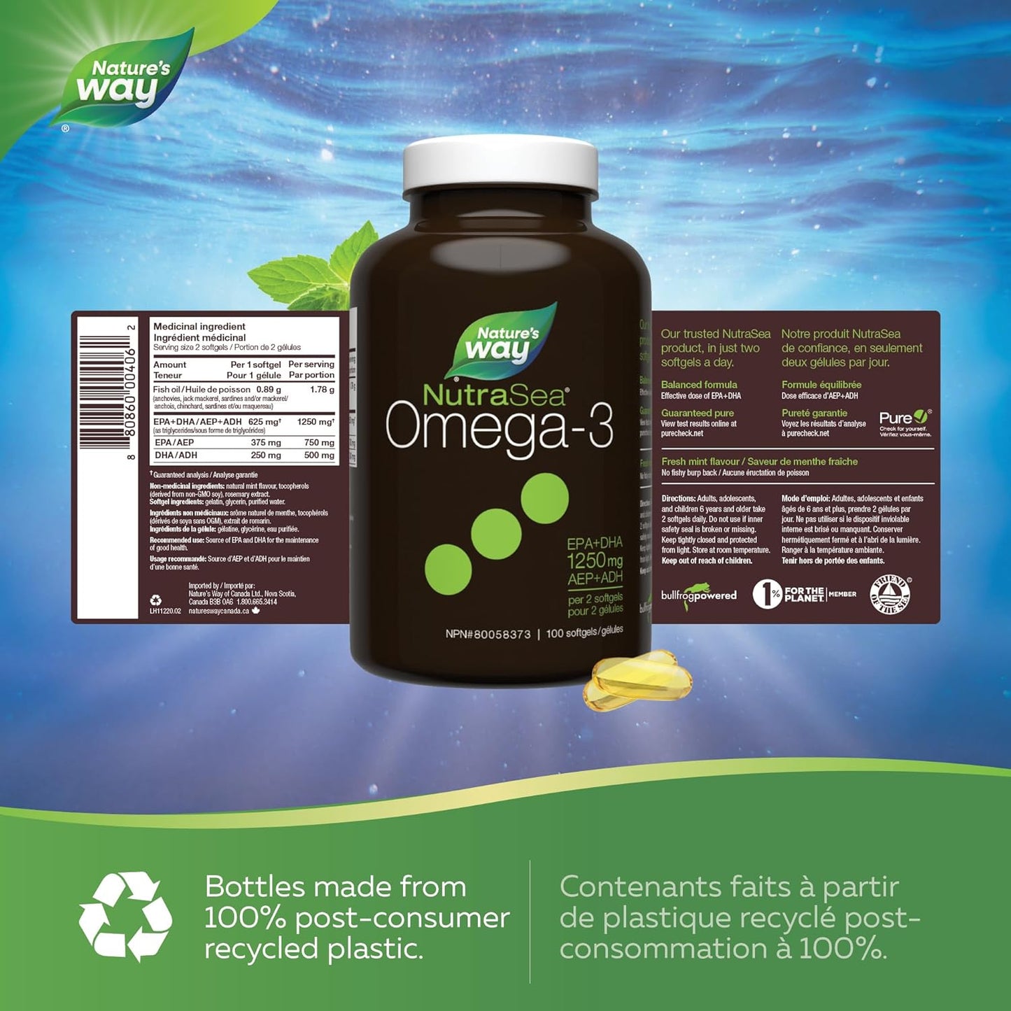 Nature's Way NutraSea Omega 3 軟膠囊 – 1250 毫克 EPA + DHA - 心血管和大腦健康 - Omega 3 魚油補充劑 - 清新薄荷味，100 粒軟膠囊