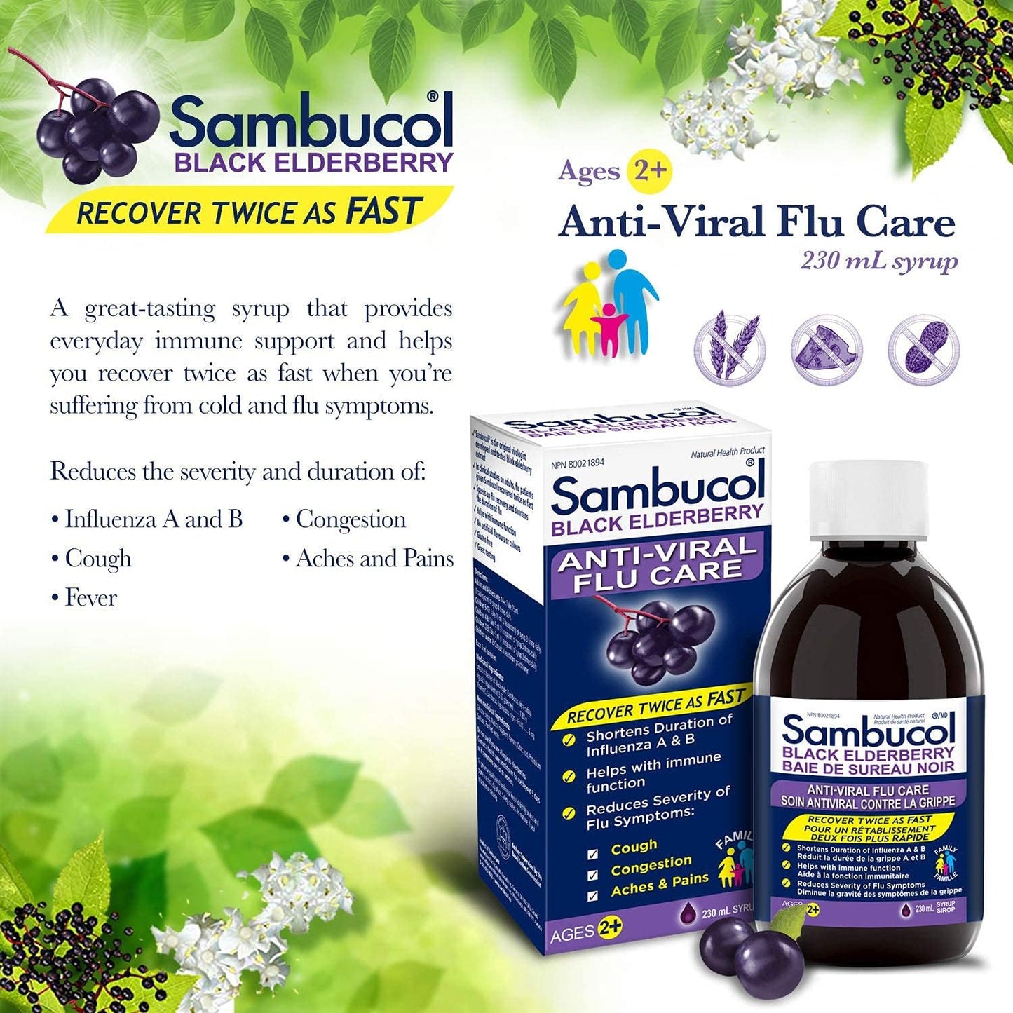 Sambucol Black Elderberry Anti-Viral Flu Care | Quickly Relieves Cold & Flu Symptoms | Immune Support & Antioxidant | Ideal for Families | Syrup, 230 mL, blue