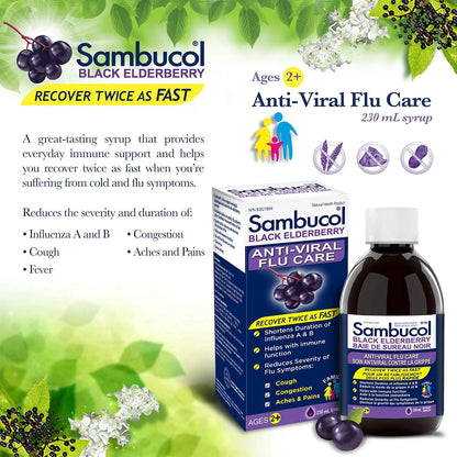 Sambucol Black Elderberry Anti-Viral Flu Care | Quickly Relieves Cold & Flu Symptoms | Immune Support & Antioxidant | Ideal for Families | Syrup, 230 mL, blue