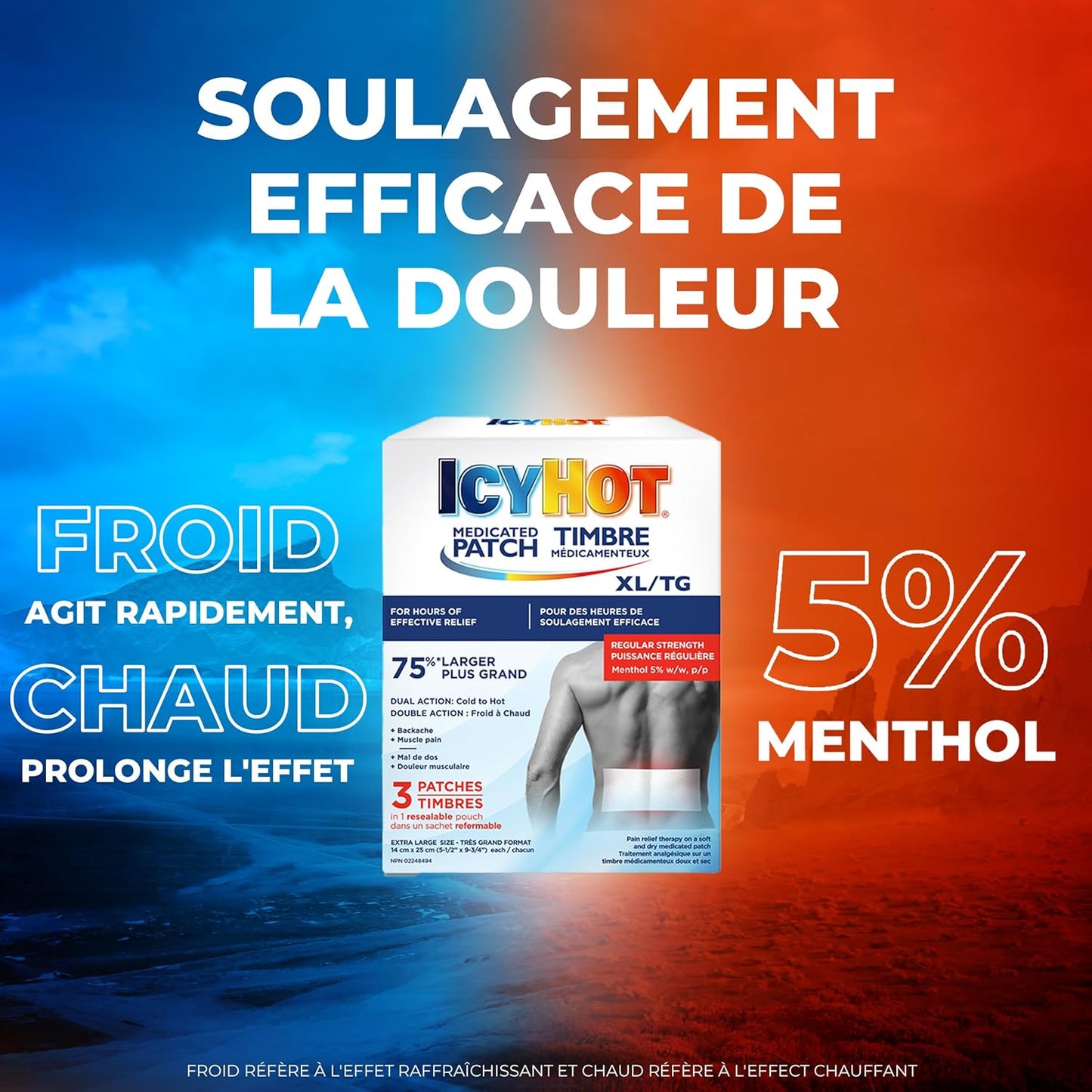 冰热药用加大号止痛贴，大号贴片，用于暂时缓解关节炎、腰痛、背痛和肌肉疼痛，薄荷醇 5%，3 片