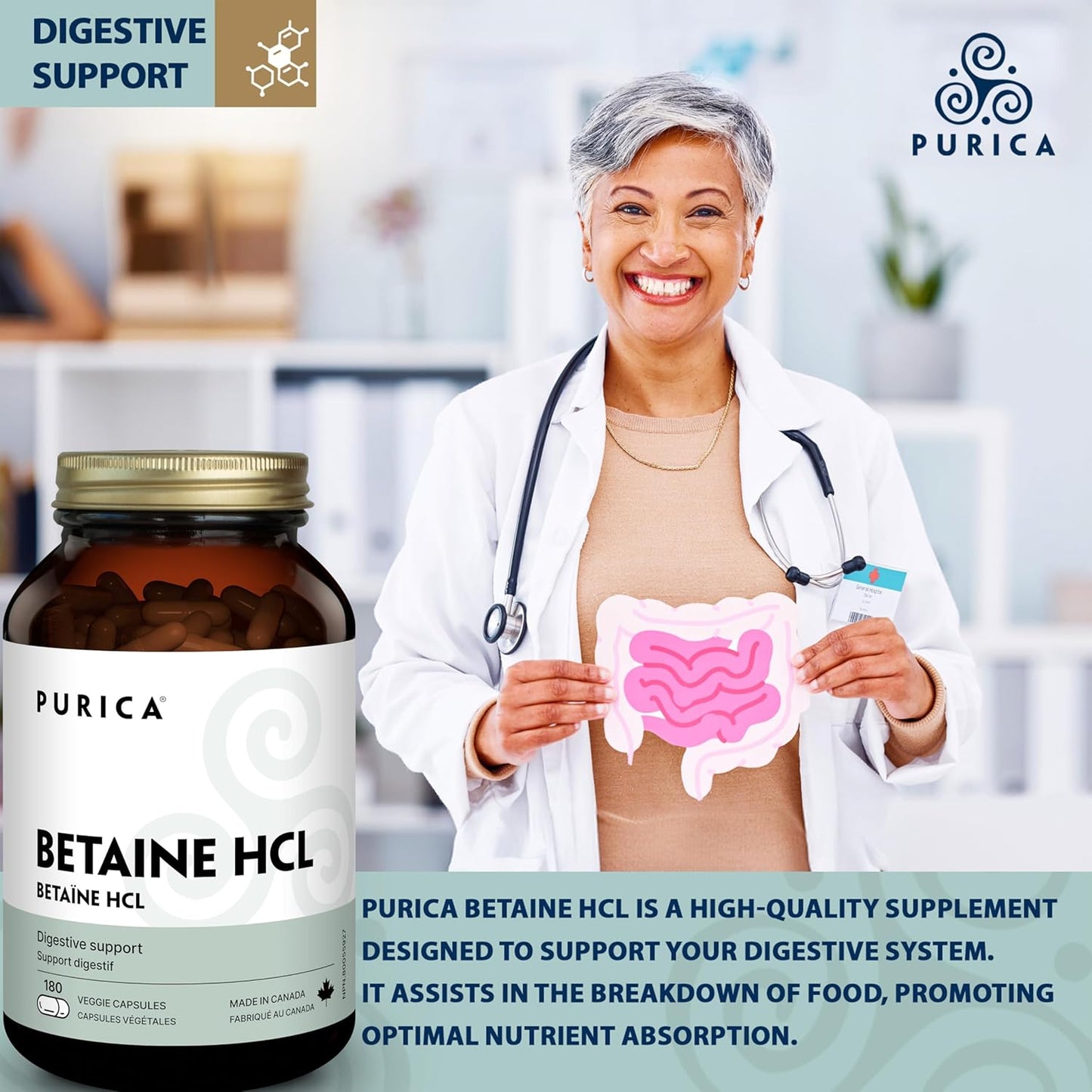 PURICA - Betaine Hydrochloride HCL, 180 Vegan Capsules 180-Day Supply - Digestive Support and Overall Internal Health - Helps to Support Liver Function and Digestion - Non-GMO and Gluten-Free