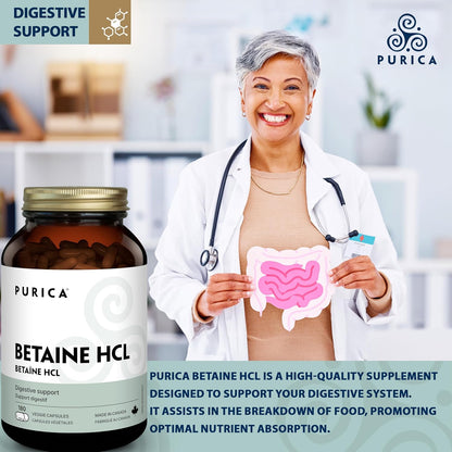 PURICA - Betaine Hydrochloride HCL, 180 Vegan Capsules 180-Day Supply - Digestive Support and Overall Internal Health - Helps to Support Liver Function and Digestion - Non-GMO and Gluten-Free