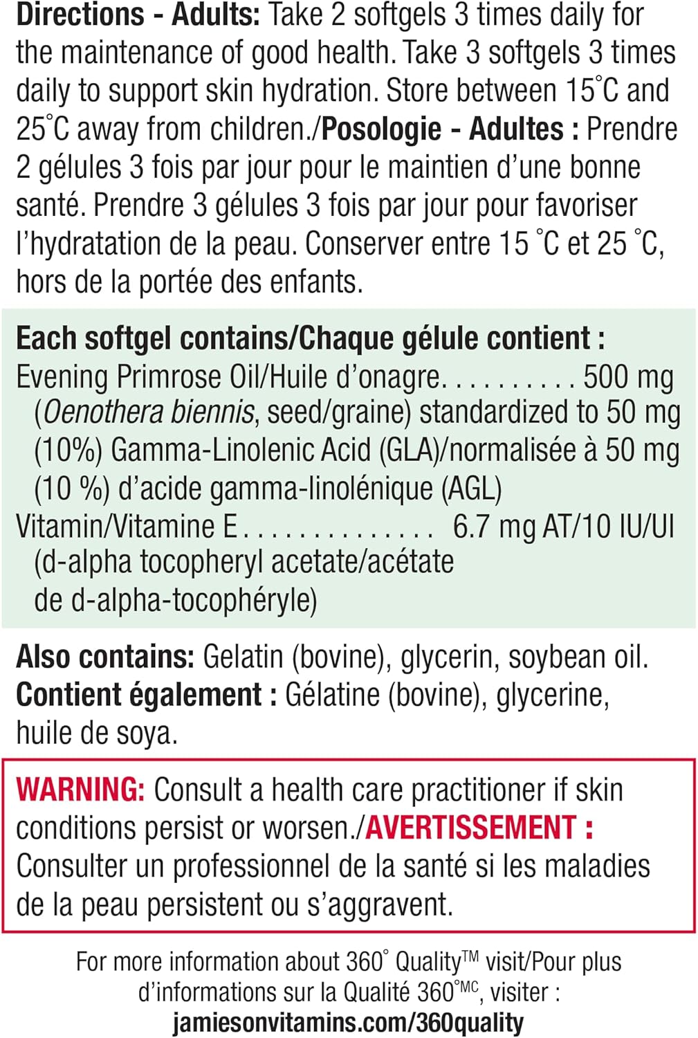 Jamieson Evening Primrose Oil 500 mg with Vitamin E, Omega-6, Supports Skin Hydration, Skin Smoothness, Reduces Acne Symptoms, and Provides Ezcema Symptom Support. Non-GMO, Gluten-Free, 180 Softgels, Proudly Canadian