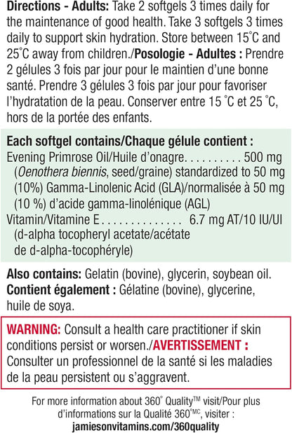 Jamieson Evening Primrose Oil 500 mg with Vitamin E, Omega-6, Supports Skin Hydration, Skin Smoothness, Reduces Acne Symptoms, and Provides Ezcema Symptom Support. Non-GMO, Gluten-Free, 180 Softgels, Proudly Canadian