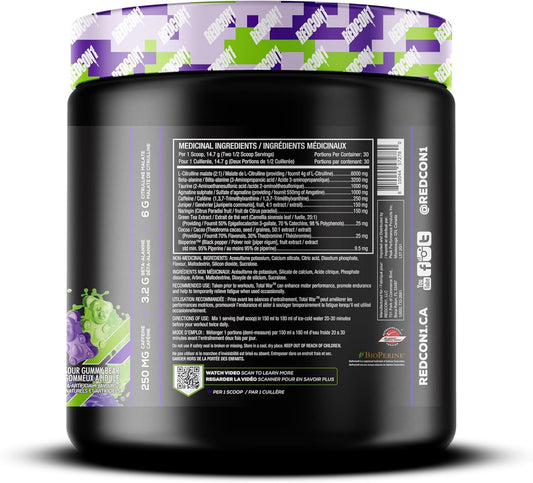 REDCON1 Total War 運動前粉，酸味小熊軟糖 - β-丙氨酸 + 瓜氨酸蘋果酸，適合素食者和生酮飲食者，適合男性和女性，含 250 毫克咖啡因 - 速效 HMB（30 份）