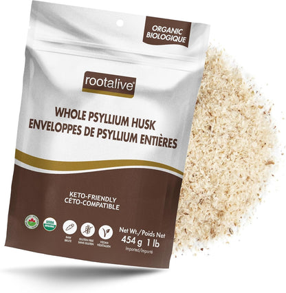 Rootalive Organic Whole Psyllium Husk 454g (1lb), Plant-Based Fibre for Digestive Support, Unflavored Superfood with Soluble & Insoluble Fibre, Vegan, Gluten-Free