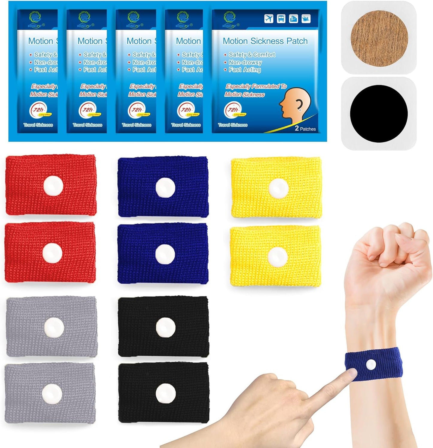 KONGDY 10片装晕车带和10片装晕车贴，成人和儿童晕车腕带和晕车贴，旅行晕车缓解套装，不瞌睡
