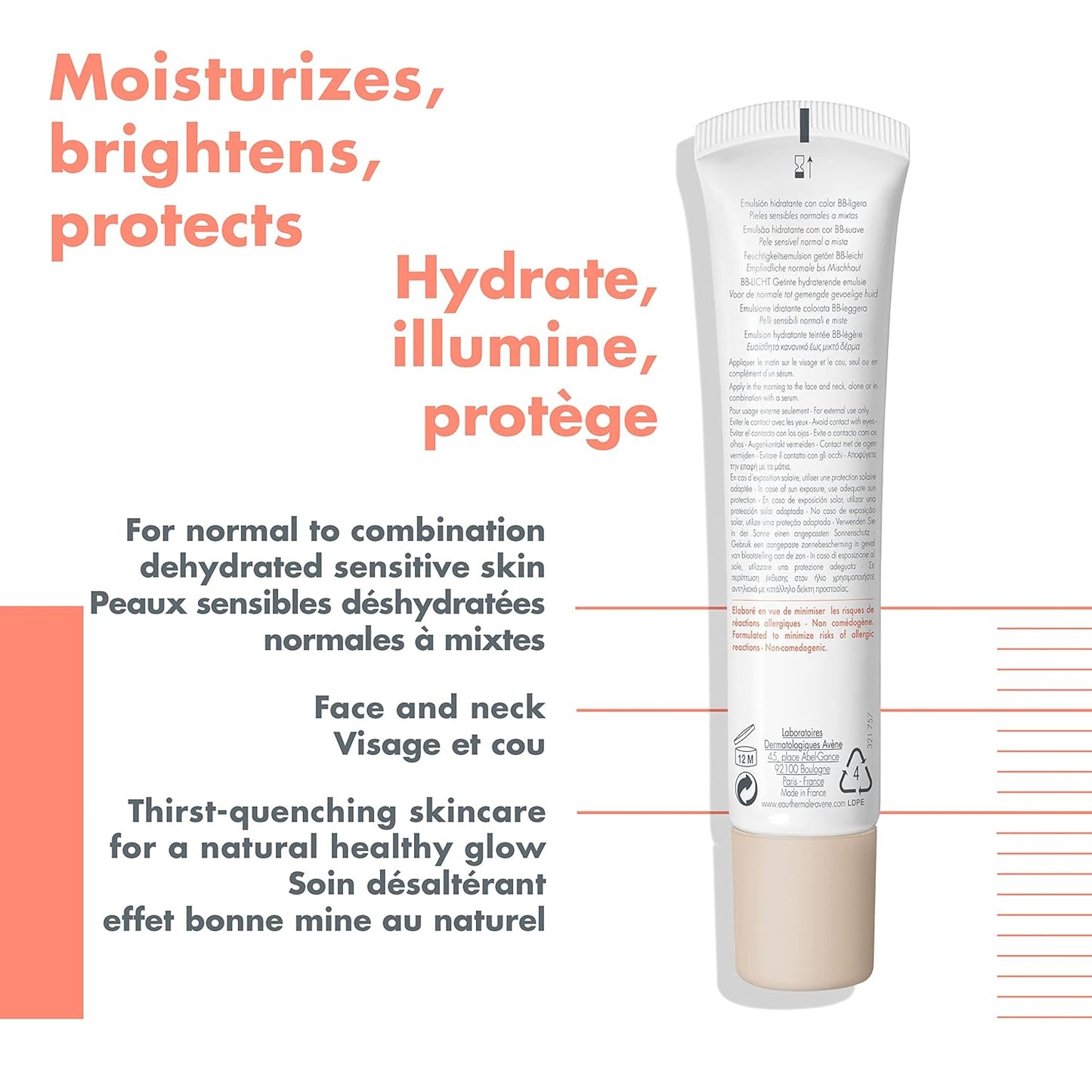 Eau Thermale Avene Hydrance BB-LIGHT Tinted Hydrating Emulsion, Daily Face Moisturizer, Unifies and protects, Natural glow, 40 ml
