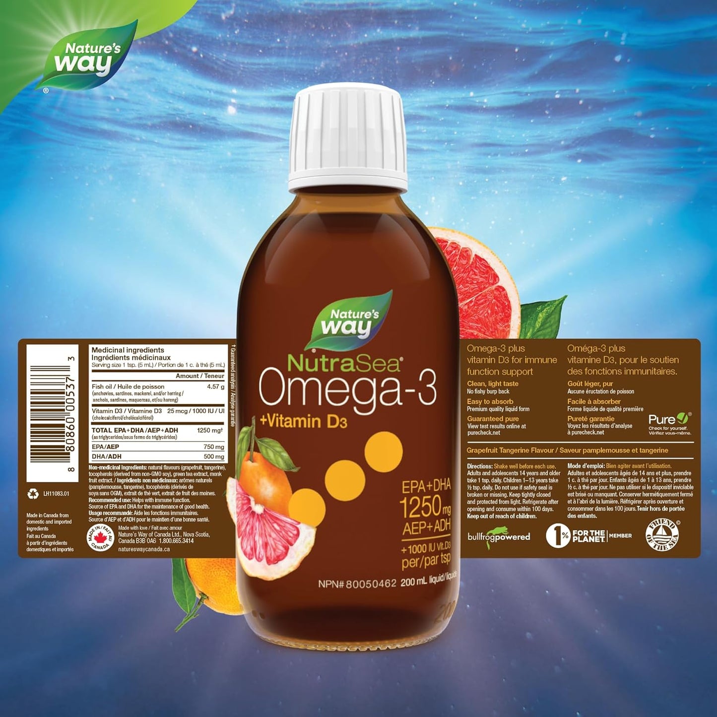 Nature's Way NutraSea Omega-3 和維生素 D 補充劑 - 含 1250 毫克 EPA 和 DHA、1000 IU 維生素 D3 的魚油 - 支持健康的心臟和大腦，幫助強健骨骼和牙齒，並有助於支持免疫系統 - 葡萄柚…