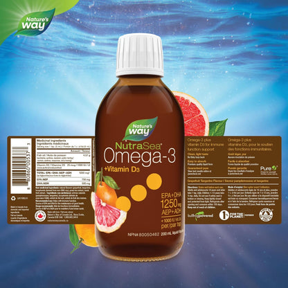 Nature's Way NutraSea Omega-3 和維生素 D 補充劑 - 含 1250 毫克 EPA 和 DHA、1000 IU 維生素 D3 的魚油 - 支持健康的心臟和大腦，幫助強健骨骼和牙齒，並有助於支持免疫系統 - 葡萄柚…