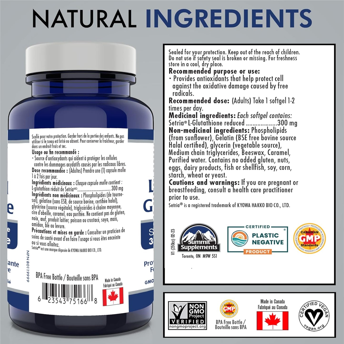 脂質體穀胱甘肽 300 毫克，100 粒軟膠囊 - 100 天用量，Setria 還原型，強效抗氧化，令肌膚容光煥發，活力充沛，健康健康，非轉基因，不含大豆，加拿大製造，抗塑料污染
