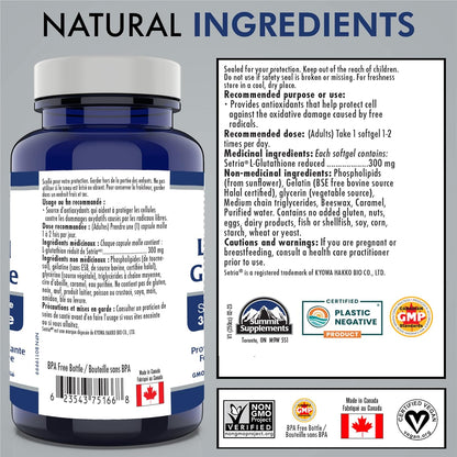 脂質體穀胱甘肽 300 毫克，100 粒軟膠囊 - 100 天用量，Setria 還原型，強效抗氧化，令肌膚容光煥發，活力充沛，健康健康，非轉基因，不含大豆，加拿大製造，抗塑料污染