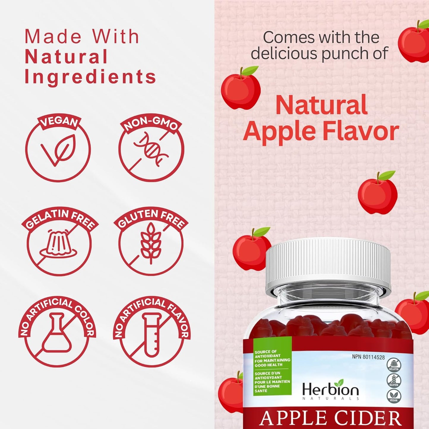 Herbion Naturals 蘋果醋軟糖，含葉酸、石榴、甜菜根和維生素 B12，是維持身體健康和新陳代謝的抗氧化劑來源，成人適用，60 粒果膠軟糖，蘋果味