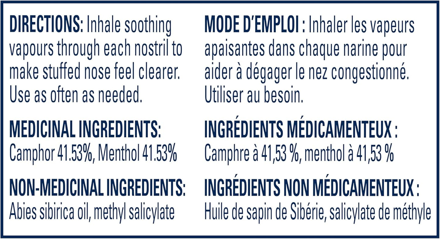 Vicks Vapoinhaler 鼻减充血剂，含舒缓蒸汽，可暂时缓解感冒引起的鼻塞，薄荷醇香味，2 包，每包 0.20 毫升