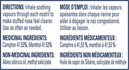 Vicks Vapoinhaler 鼻减充血剂，含舒缓蒸汽，可暂时缓解感冒引起的鼻塞，薄荷醇香味，2 包，每包 0.20 毫升