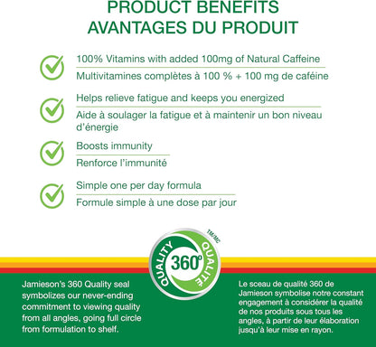 Jamieson 高级复合维生素，能量补充，含 100 毫克天然咖啡因，支持免疫健康和整体健康。100% 完整维生素，含维生素 B12、锌、钙和镁，素食，每份一份……