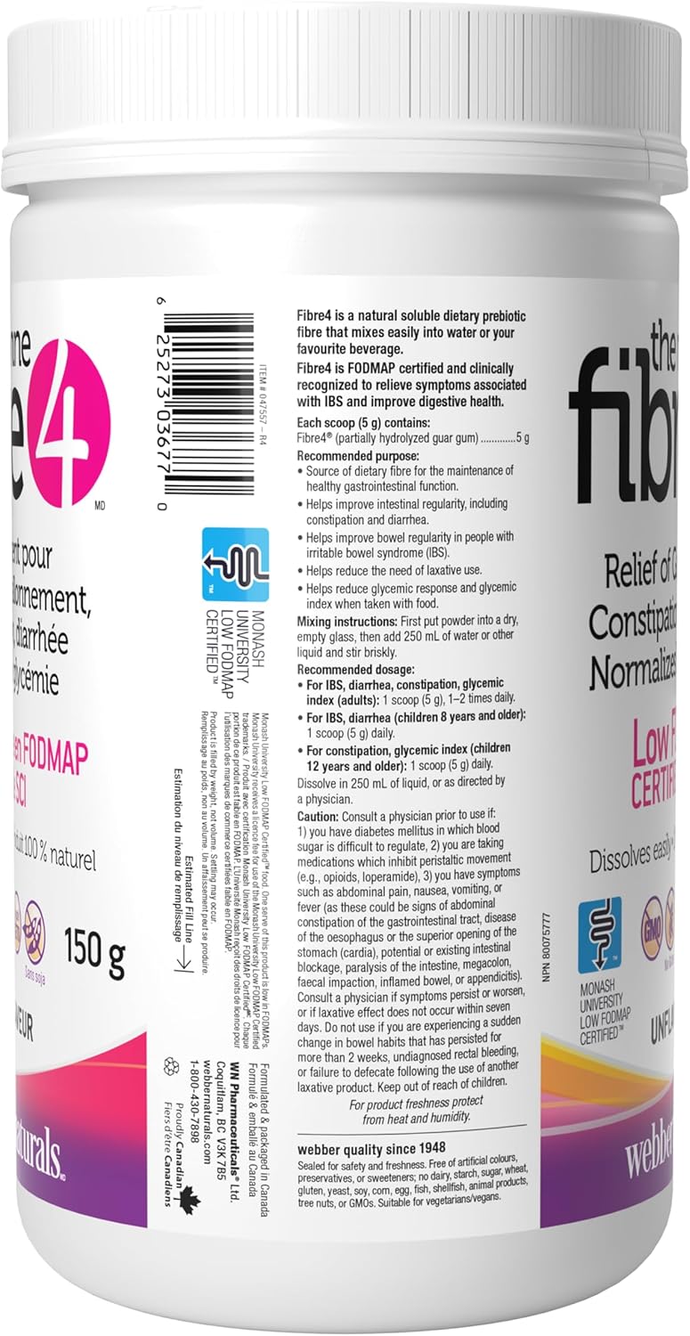 Webber Naturals The Right Fibre4 IBS Intestinal Discomfort 150 g, Unflavoured, 30 Servings, Fibre Supplement for Digestive Health, Low-FODMAP, Vegan