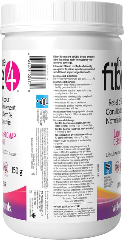 Webber Naturals The Right Fibre4 IBS Intestinal Discomfort 150 g, Unflavoured, 30 Servings, Fibre Supplement for Digestive Health, Low-FODMAP, Vegan