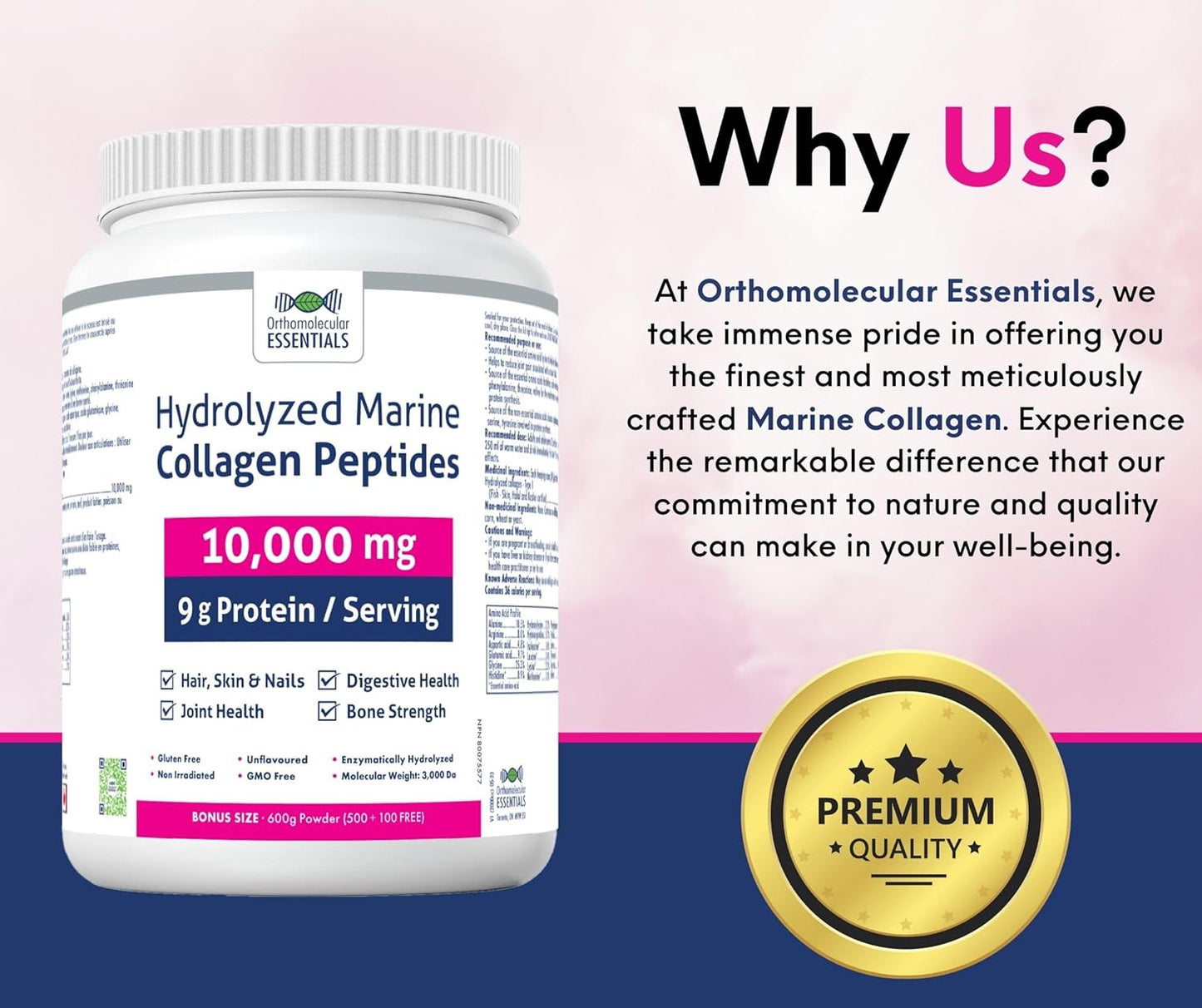Orthomolecular Essentials 水解海洋膠原蛋白勝肽 - 純加拿大製造 10,000 毫克粉末，用於亮澤肌膚、強健骨骼和支持關節，600 克