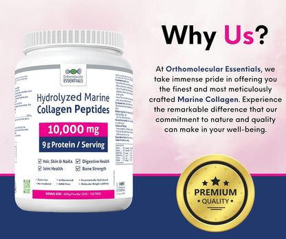Orthomolecular Essentials 水解海洋膠原蛋白勝肽 - 純加拿大製造 10,000 毫克粉末，用於亮澤肌膚、強健骨骼和支持關節，600 克