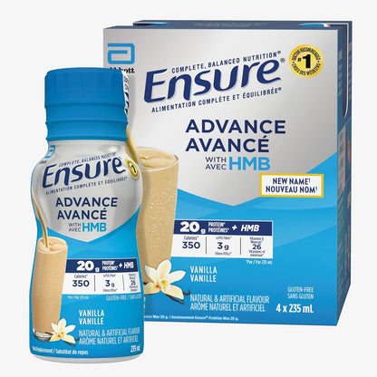 Ensure Advance，代餐奶昔，蛋白质奶昔，含 20 克蛋白质，有助于增强肌肉，香草味，4 x 235 毫升瓶装