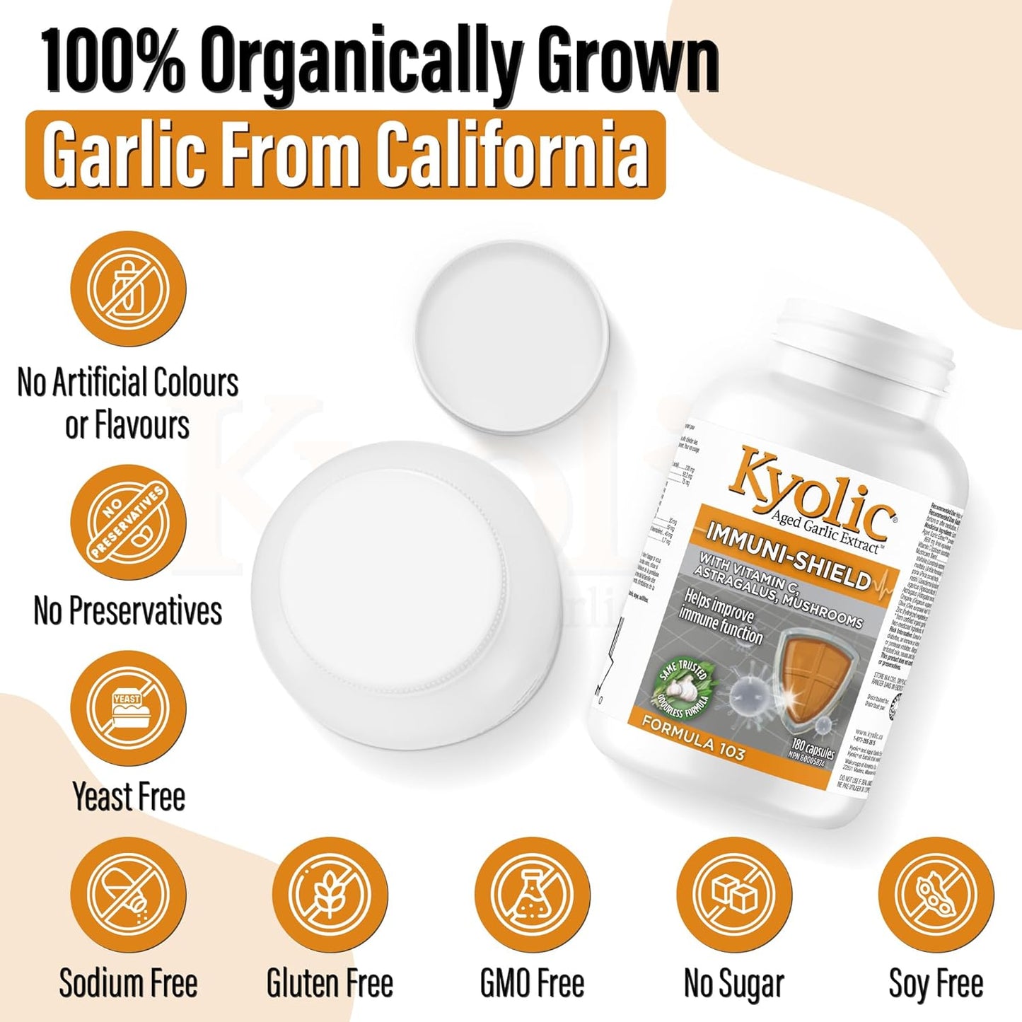 Kyolic- Formula 103 Immuni-Shield 180 Capsules 45-Day Supply - Vitamin C Ascorbic Acid, Astragalus Root Extract, Mushroom Blend Supplement & Kyolic Aged Garlic Extract Capsule - Immune System Support