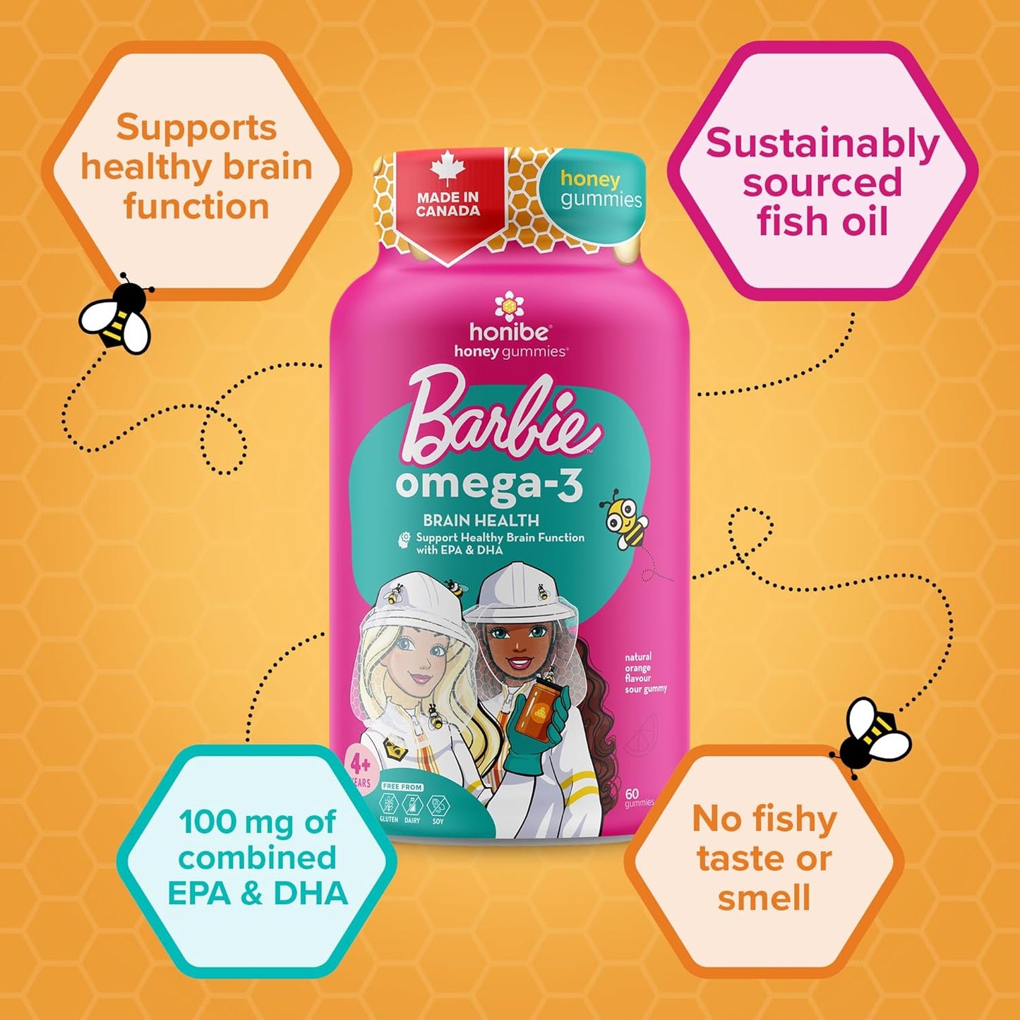 Honibe 芭比娃娃 Omega 3 軟糖，適合兒童和成人，加拿大製造，脂肪酸支持大腦健康，Omega-3 EPA 和 DHA 的可靠來源，可持續來源的魚油，無魚腥味，60 粒軟糖