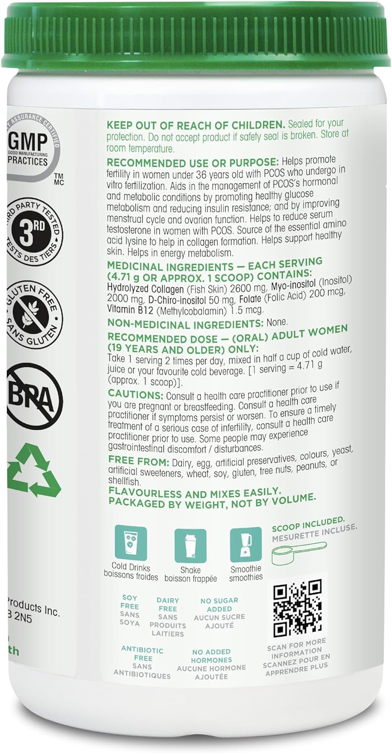 Organika Canadian-Made Marine Collagen PCOS Relief Powder - Clinically Researched 40:1 Inositol Blend, Folate, B12 - Helps support Hormone Balance, Menstrual Cycle and Fertility - 283g