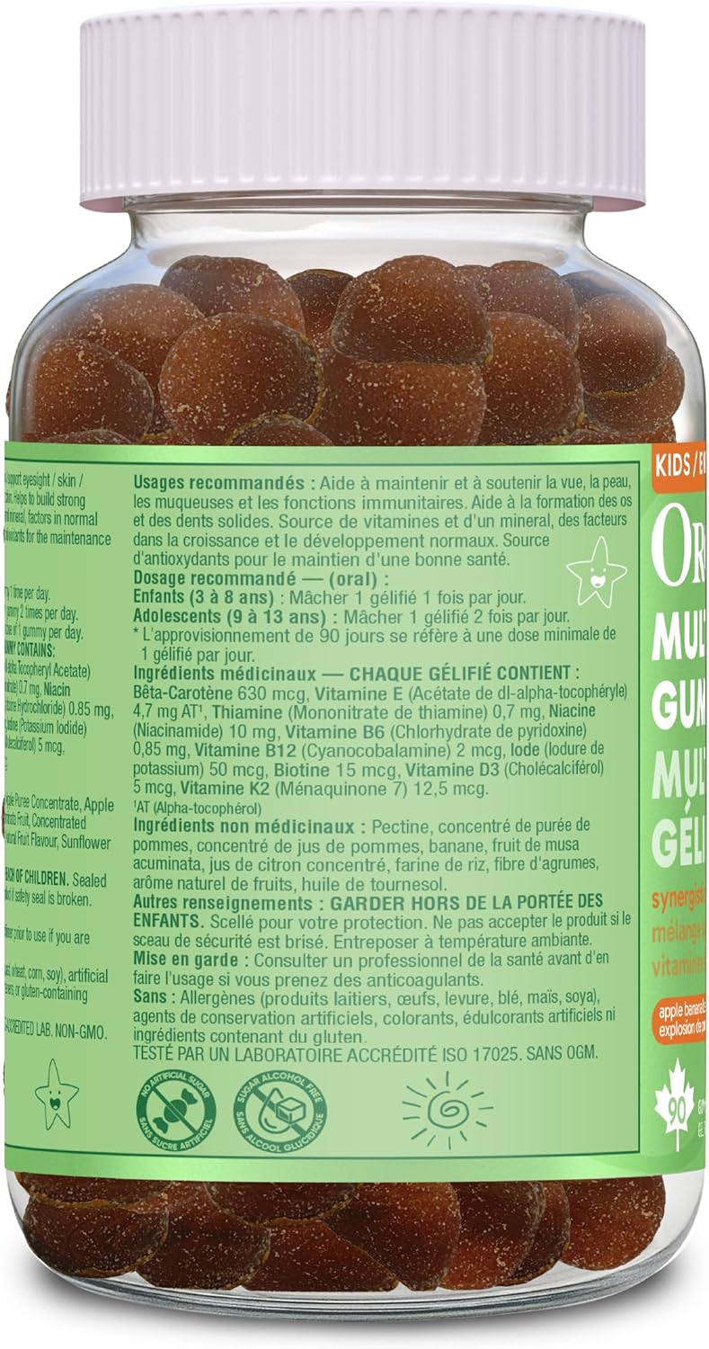 Organika 儿童复合维生素软糖苹果香蕉味 - 协同维生素和矿物质混合物，支持适当的营养、免疫力、骨骼健康和整体发育 - 90 粒软糖