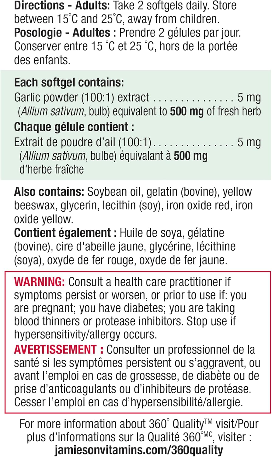 Jamieson Odourless Garlic 500 mg, Supports Heart Health, and Provides Immune Support. Non-GMO, Gluten-Free, 300 Softgels, Proudly Canadian