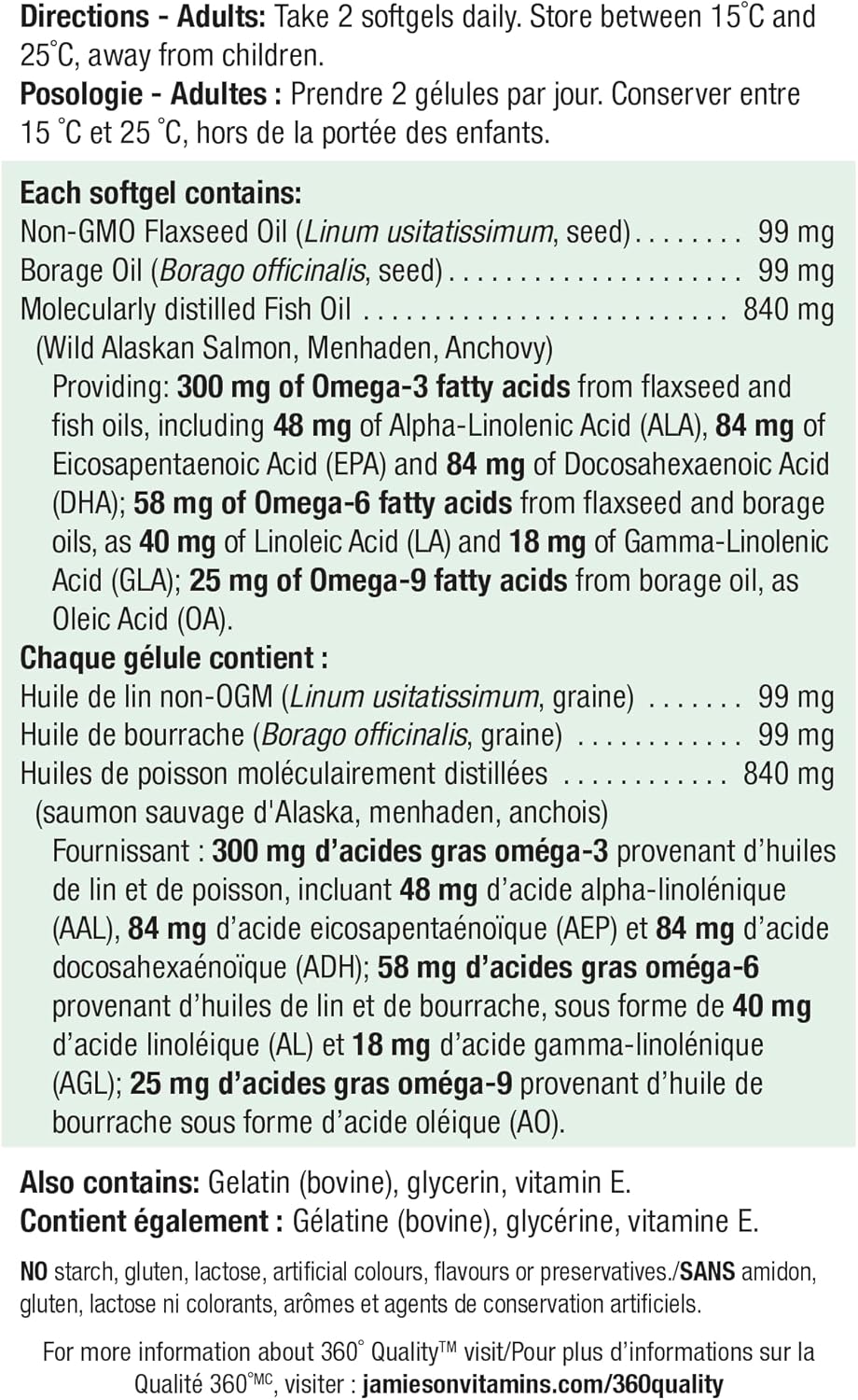 Jamieson Omega 3-6-9 软胶囊，超值装，含鱼油、琉璃苣油、亚麻籽油，提供 EPA、DHA 和 ALA。支持心脏和大脑健康，280 粒，加拿大制造