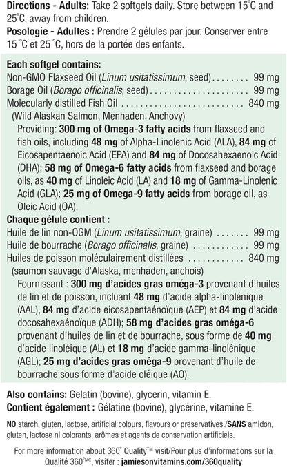 Jamieson Omega 3-6-9 软胶囊，超值装，含鱼油、琉璃苣油、亚麻籽油，提供 EPA、DHA 和 ALA。支持心脏和大脑健康，280 粒，加拿大制造