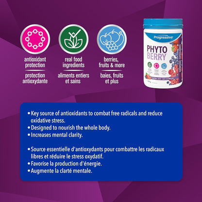 Progressive PhytoBerry 抗氧化超级食品粉，天然浆果口味，加拿大制造，含 40 种浓缩水果、植物营养素和植物油，可完全抵御自由基，纯素、无麸质、全天然，450 克