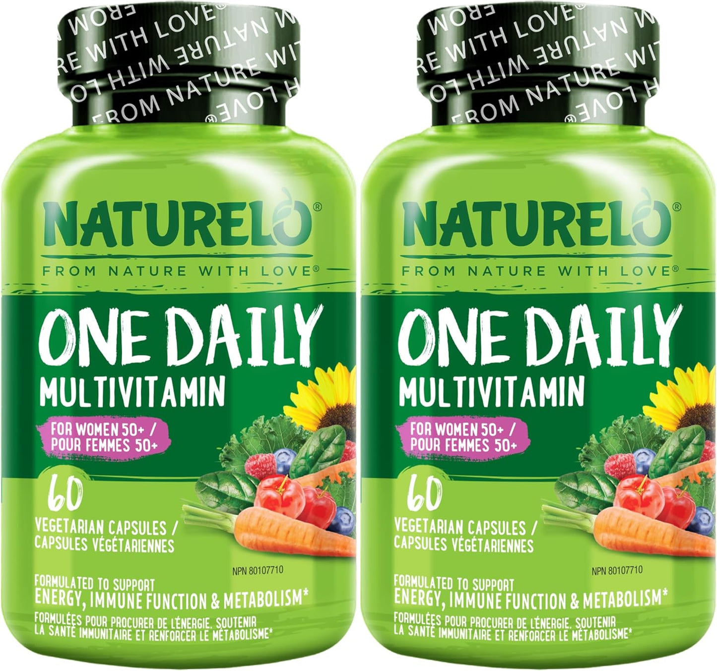 NATURELO 50歲以上女性每日一片複合維生素（無鐵） - 50歲以上女性更年期支持 - 全食物補充劑 - 非基因改造 - 不含大豆 - 60粒膠囊（2包） - 4個月用量