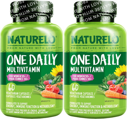 NATURELO 50歲以上女性每日一片複合維生素（無鐵） - 50歲以上女性更年期支持 - 全食物補充劑 - 非基因改造 - 不含大豆 - 60粒膠囊（2包） - 4個月用量