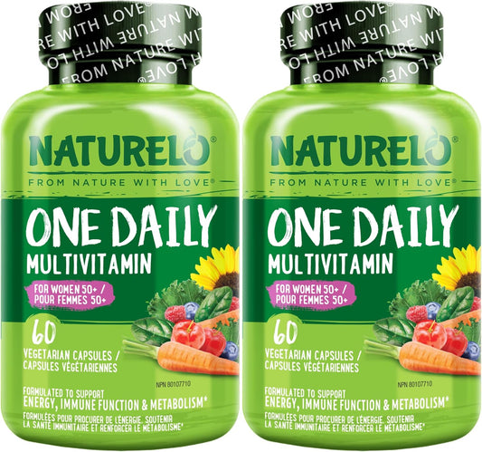 NATURELO 50岁以上女性每日一片复合维生素（无铁） - 50岁以上女性更年期支持 - 全食物补充剂 - 非转基因 - 不含大豆 - 60粒胶囊（2包） - 4个月用量