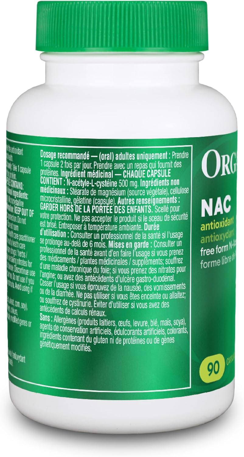 Organika 加拿大製造 NAC（N-乙醯-L-半胱氨酸）500 毫克 - 支持抗氧化穀胱甘肽水平、免疫系統支持、肝臟和排毒支持 - 90 粒膠囊