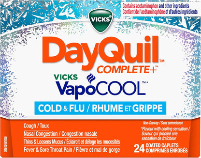 Vicks DayQuil COMPLETE Vicks VapoCOOL 感冒和流感药，不引起困倦，白天缓解多种症状，用于止咳、缓解鼻塞，24 粒胶囊