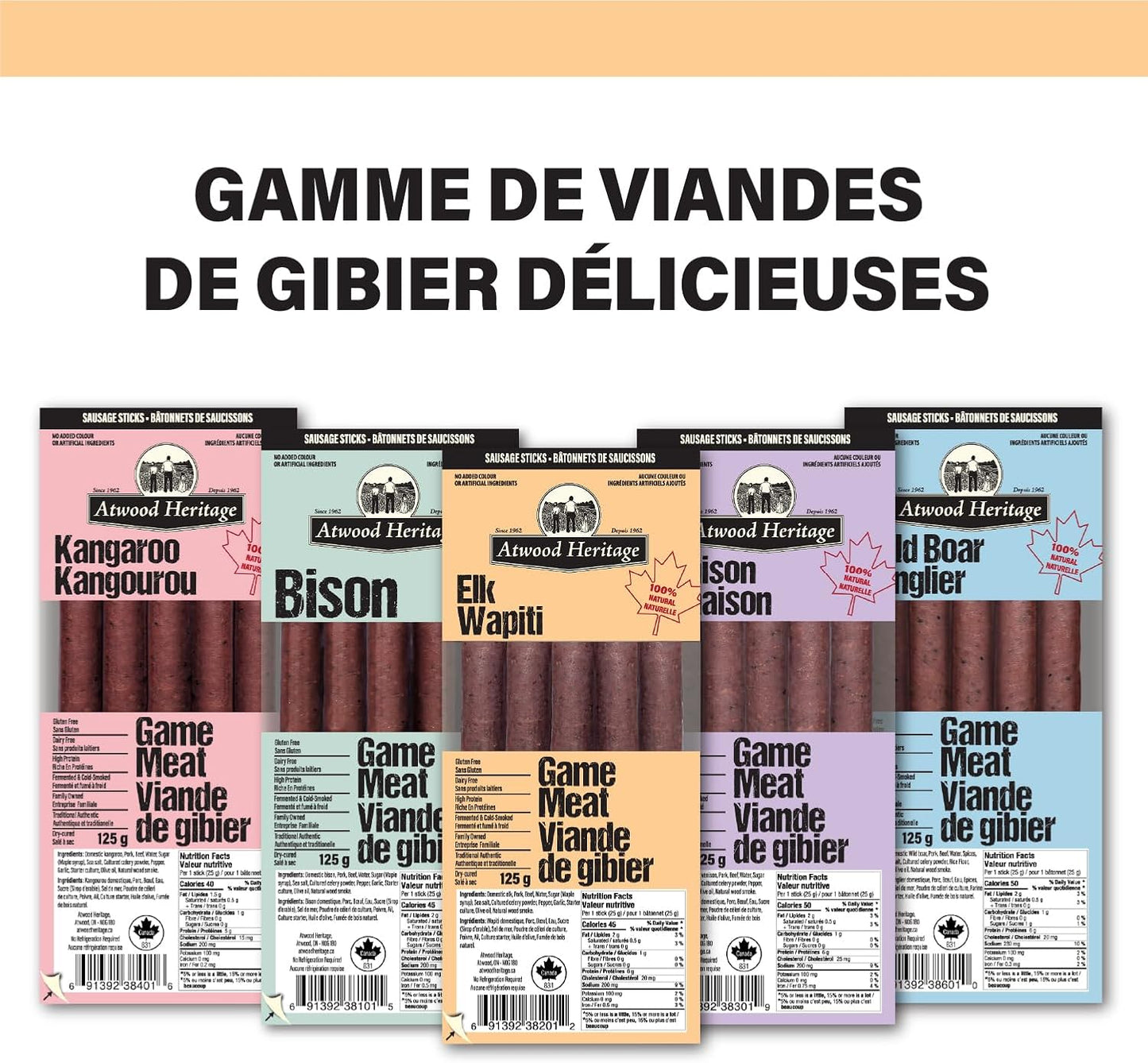 Atwood Heritage 麋鹿、豬肉和牛肉零食棒，5 根，125 克，高蛋白，無麩質，無硝酸鹽，加拿大製造