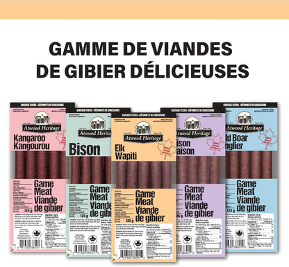Atwood Heritage 麋鹿、豬肉和牛肉零食棒，5 根，125 克，高蛋白，無麩質，無硝酸鹽，加拿大製造
