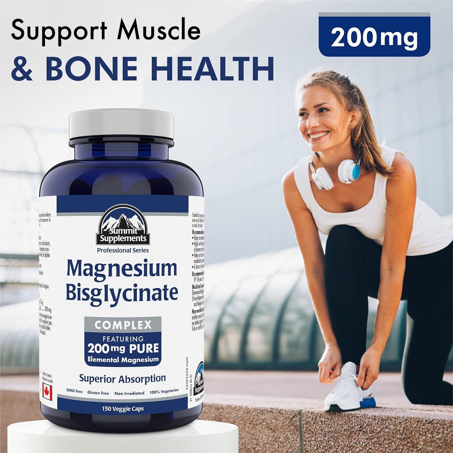 雙甘胺酸鎂複合物，200毫克純元素鎂，150粒素食膠囊，150天用量，吸收率高，有助於放鬆、睡眠、肌肉和骨骼健康，加拿大製造，塑膠負性