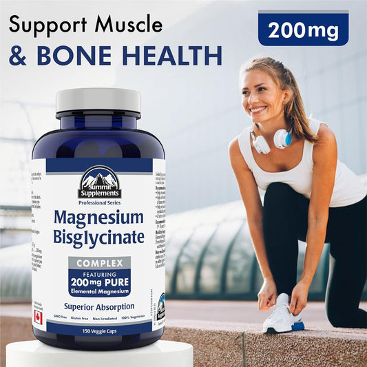 雙甘胺酸鎂複合物，200毫克純元素鎂，150粒素食膠囊，150天用量，吸收率高，有助於放鬆、睡眠、肌肉和骨骼健康，加拿大製造，塑膠負性