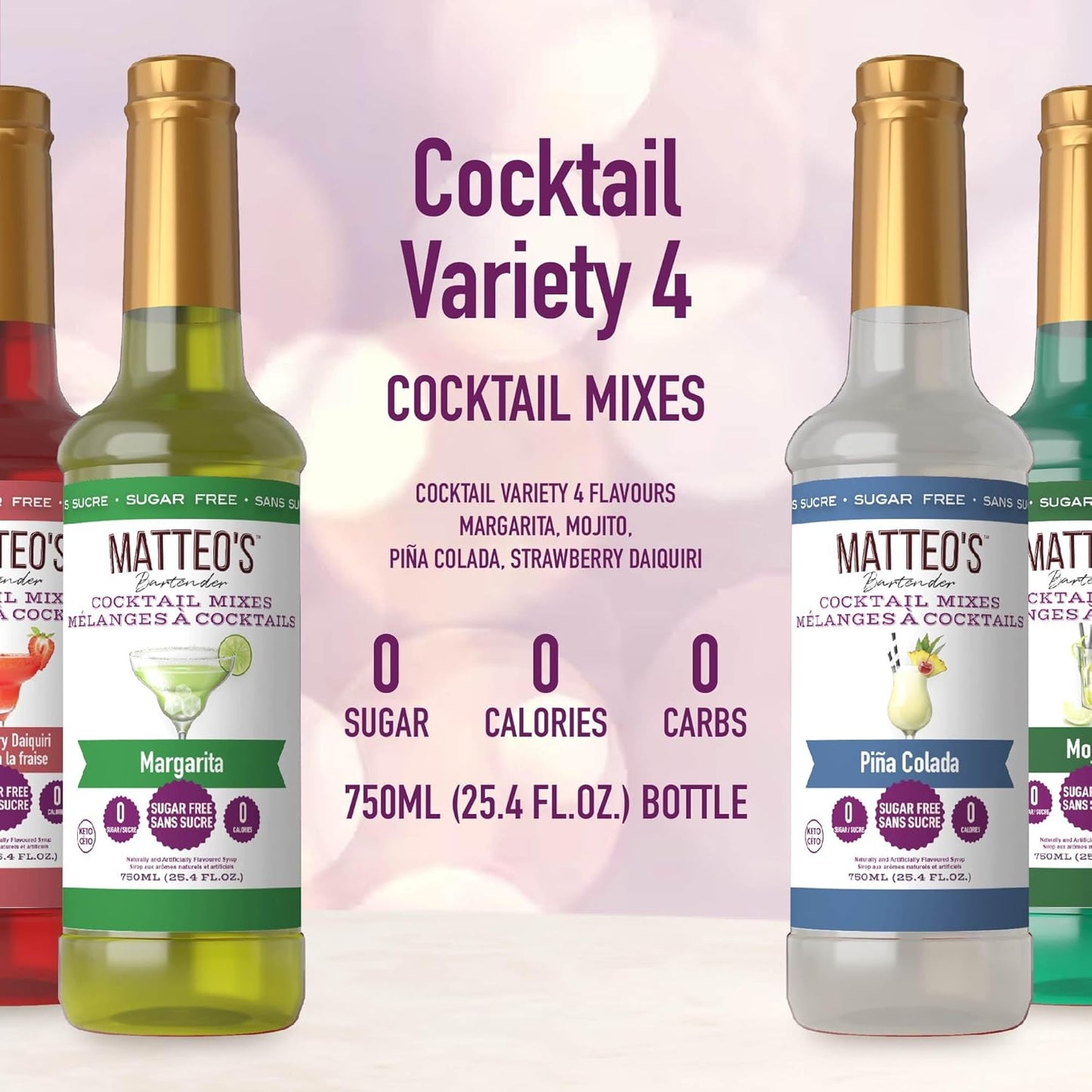 Matteo 的无糖鸡尾酒混合料 - 多种包装 - 零糖调酒师灵感鸡尾酒 - 饮料调味糖浆 - 调味糖浆 - 派对的理想选择 - 不含酒精 - 25.4 盎司，4 包