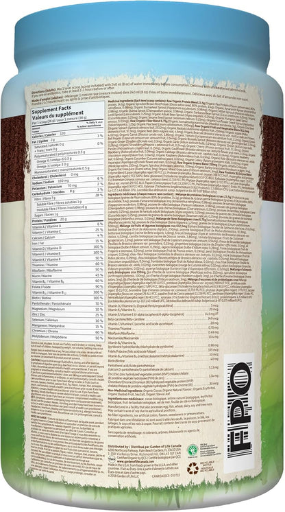 Garden of Life 生食全效营养奶昔，巧克力可可口味（28 份，1017 克），富含 20 克有机认证植物蛋白，营养丰富，有助于增强肌肉。配合规律训练和健康均衡的饮食，有助于增肌。