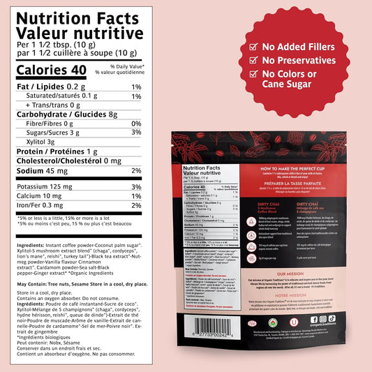 Organic Traditions Dirty Chai 蘑菇咖啡，加拿大制造，速溶 5 种混合蘑菇咖啡有机适应原拿铁，采用白桦茸、冬虫夏草、灵芝、狮鬃菇和火鸡尾制成，100 克/3.5 盎司袋装。