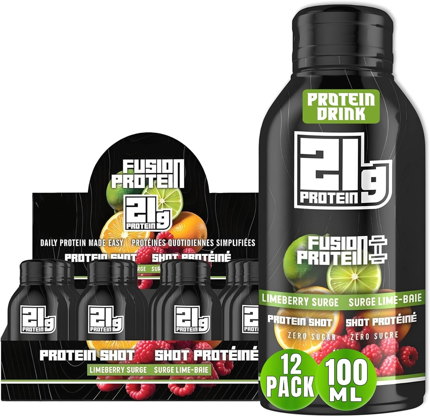 Fusion Protein Ready to Drink - 21g High Protein Zero Sugar Drink Mix in Lime Berry Flavor, Healthy Snacks for Muscles, Low Calorie Meal Replacement Shake for Women and Men - 100ml Bottle, Pack of 12