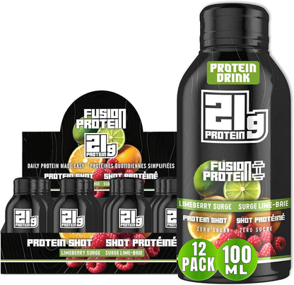 Fusion Protein 即饮型 - 21 克高蛋白零糖青柠浆果口味混合饮料，健康增肌零食，低卡路里代餐奶昔，男女皆宜 - 100 毫升瓶装，12 瓶装